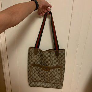 Vintage Gucci Sherry Web Stripe Shopper Brown Tote